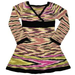 Handmade Knit Sweater Dress Girls Sz 4 5 yrs Pink Green Black 100% Wool Stripe